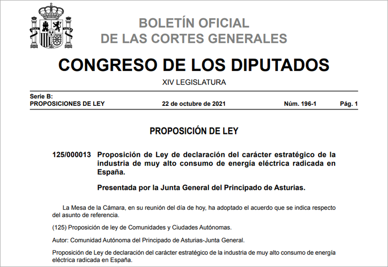 El Pleno aprueba iniciar la tramitación de la Proposición de Ley de declaración del carácter estratégico de la industria de muy alto consumo de energía eléctrica radicada en España