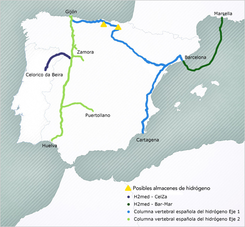 mapa del primer corredor de hidrógeno renovable de la UE, H2Med, 