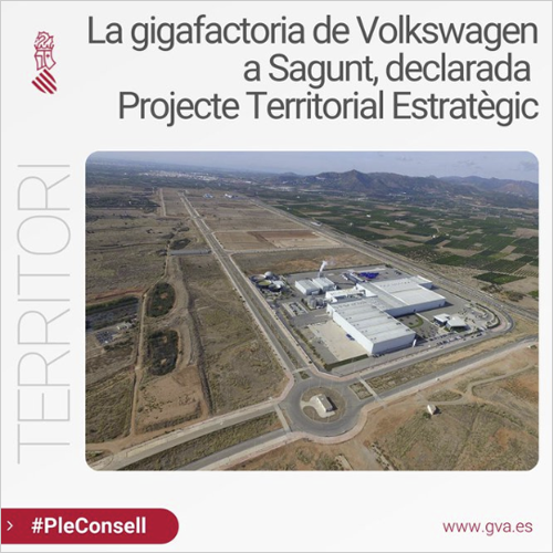 Declaración de Proyecto Territorial Estratégico para la gigafactoría de celdas de baterías en Sagunto 