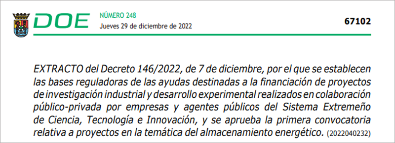 Empresas y agentes públicos del SECTI de Extremadura podrán solicitar ayudas para proyectos de almacenamiento energético