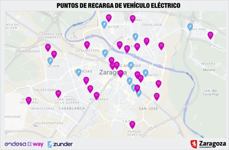mapa con la ubicación de los puntos de recarga de vehículo eléctrico en Zaragoza