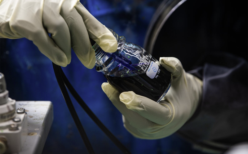 Los investigadores preparan un electrolito de batería de flujo experimental que ha demostrado una larga vida útil en el laboratorio. (Foto de Andrea Starr | Laboratorio Nacional del Noroeste del Pacífico)