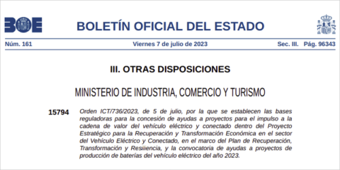 El BOE publica las bases del PERTE VEC II y las ayudas a la línea de baterías del vehículo eléctrico