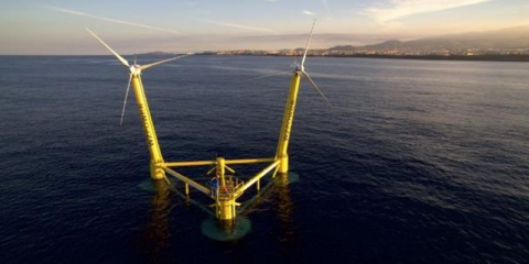 La plataforma flotante del proyecto AquaWind unifica aerogeneradores e instalaciones de acuicultura