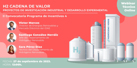 El IDAE organiza un webinar para presentar las ayudas a la cadena de valor del hidrógeno renovable