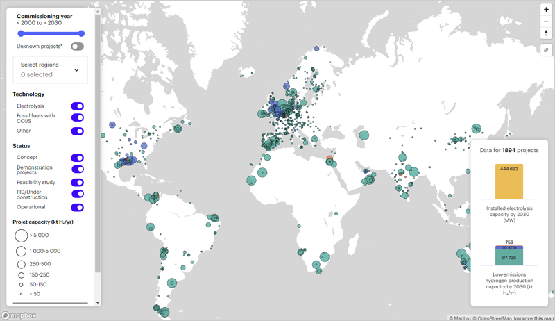 mapa interactivo de proyectos de producción de hidrógeno de bajas emisiones en todo el mundo