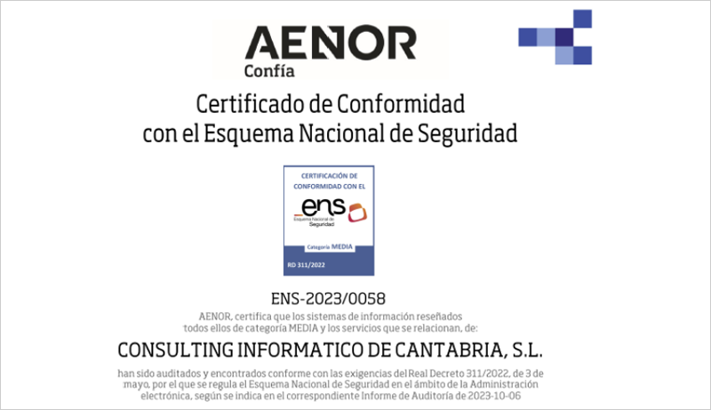 Certificado del Esquema Nacional de Seguridad (ENS) nivel medio para CIC Consulting Informático