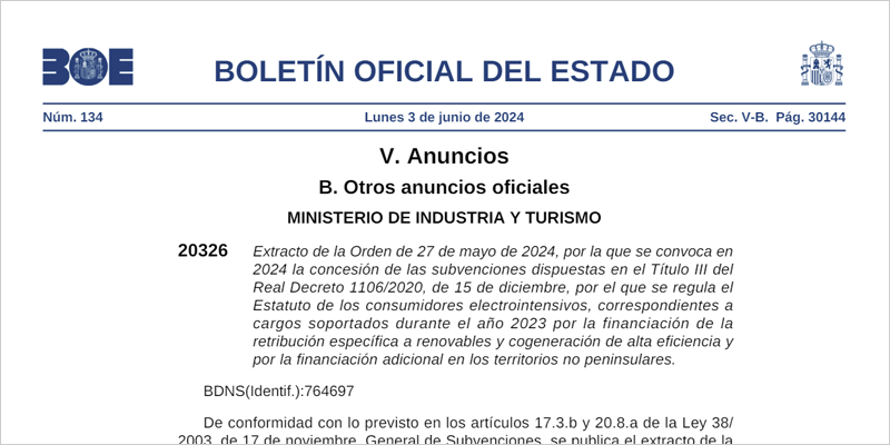 El BOE ha publicado la convocatoria de 2024 de ayudas a consumidores electrointensivos.