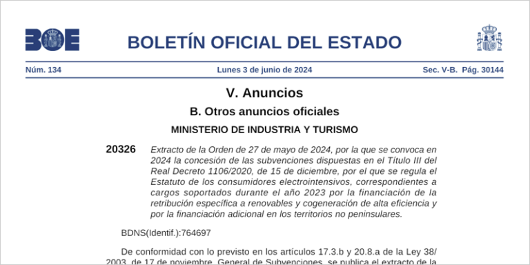 El BOE ha publicado la convocatoria de 2024 de ayudas a consumidores electrointensivos.