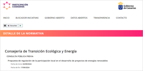 Abierta una consulta pública para regular la participación ciudadana en proyectos renovables de Canarias