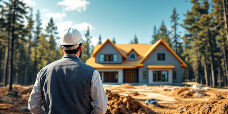 Arquitecto evaluando una construcción residencial sostenible en un entorno forestal con cielo azul claro. Imagen de un arquitecto observando el sitio de construcción de una casa rodeada de bosque.