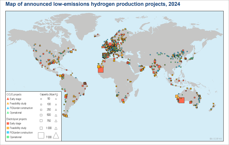 Mapa de proyectos de hidrógeno de bajas emisiones.