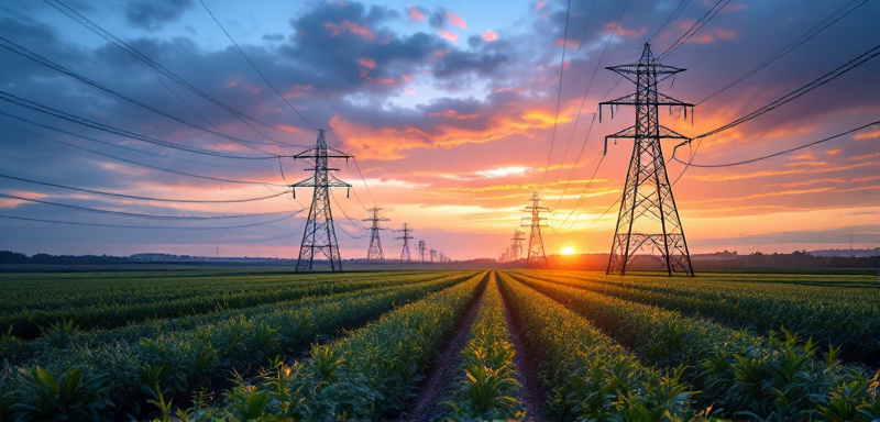 Imagen de redes eléctricas inteligentes en un campo, mostrando líneas de transmisión avanzadas.