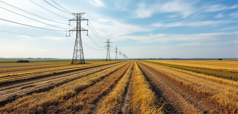 Imagen de un poste solitario de red eléctrica en un extenso campo, representando las Smart Grids.