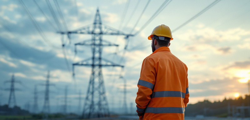 Trabajador cualificado en la supervisión de líneas eléctricas de alta tensión, destacado en plena tarea Técnico de espaldas supervisando el montaje de líneas eléctricas de alta tensión