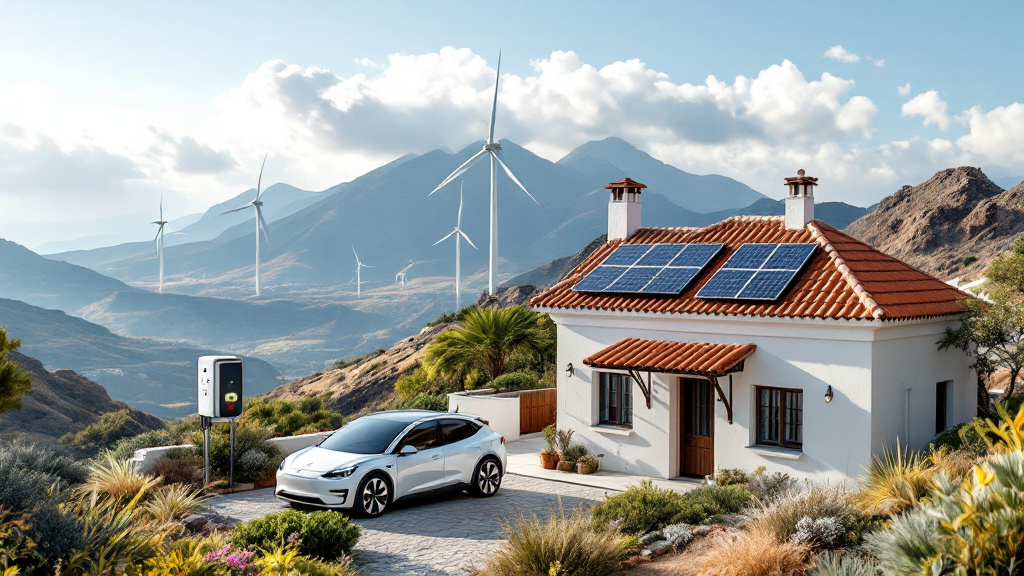 aaaa Panorámica en Islas Caasdfg Casa con Paneles Solares y Coche Eléctrico Junto a Turbinas Eólicas en Montañas bbbb Casa tradicional canaria con paneles solaressdfgsdfg do, fondo de montañas con turbinas eólicas.
