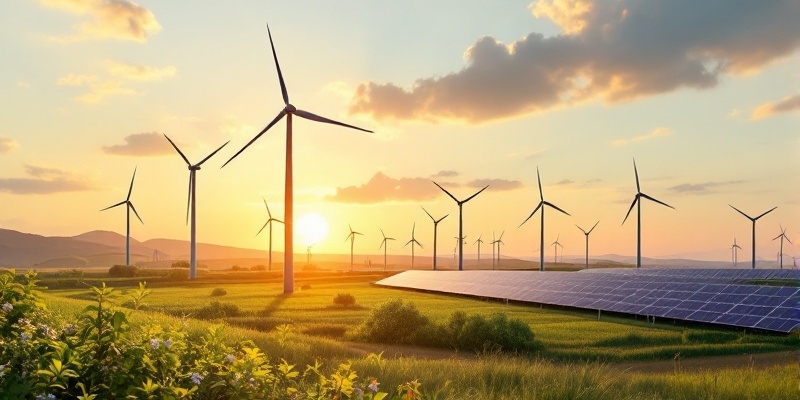 Vista de un parque de energía renovable con turbinas eólicas y paneles solares en campo abierto