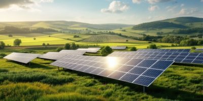 Imagen detallada de un parque solar en el campo, destacando la tecnología de energía renovable.