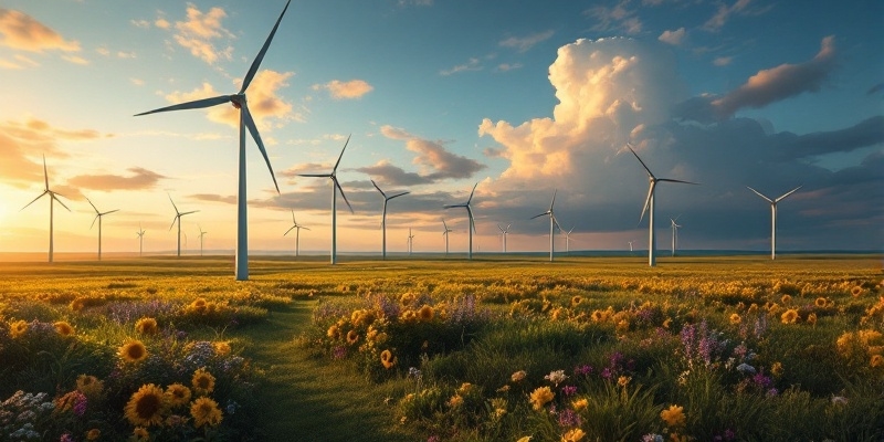 Imagen hiperrealista de aerogeneradores en un campo, representando la inversión del Plan Eólico