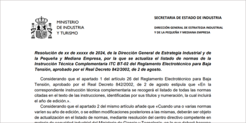 Consulta para actualizar el listado de normas ITC BT-02 del Reglamento Electrotécnico para Baja Tensión