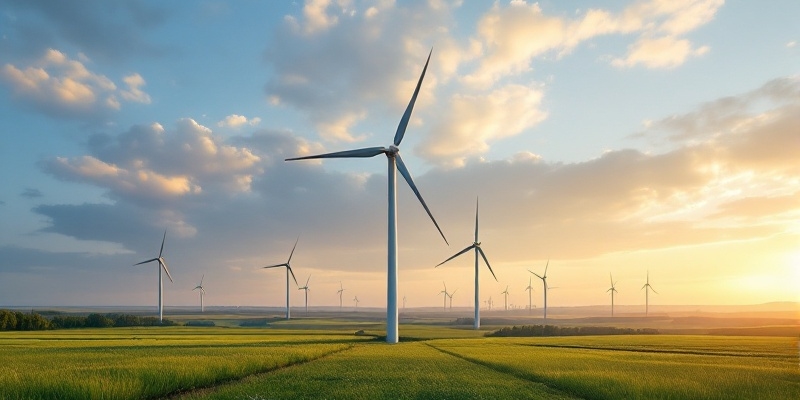 Imagen realista de una turbina eólica en un campo verde bajo un cielo claro, representando energía renovable.