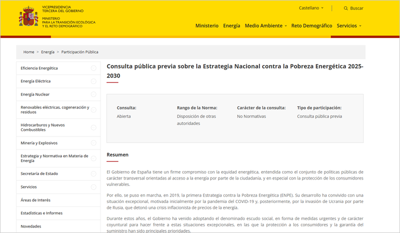 La Estrategia Nacional contra la Pobreza Energética 2025-2030 se abre a consulta pública previa