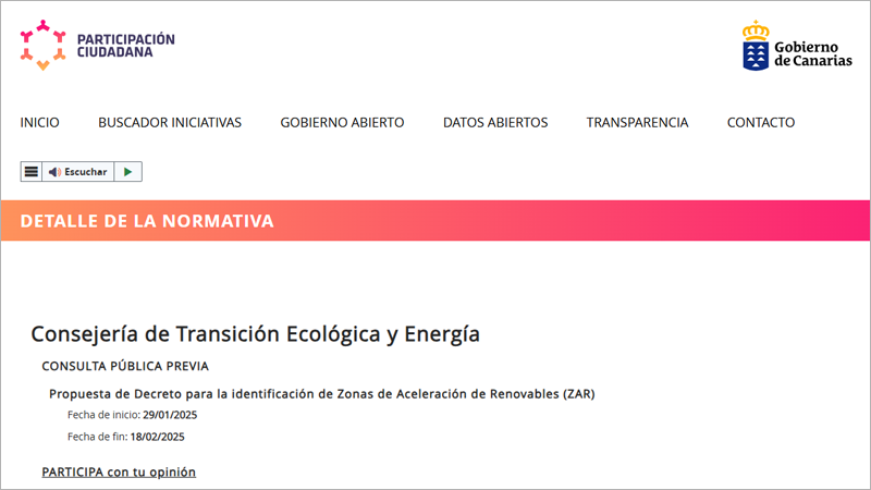 Consulta pública previa sobre la delimitación de las Zonas de Aceleración de Renovables en Canarias