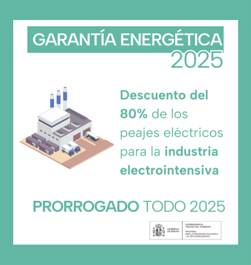 se mantiene hasta el 31 de diciembre de 2025 el descuento del 80% de los peajes eléctricos para la industria electrointensiva.