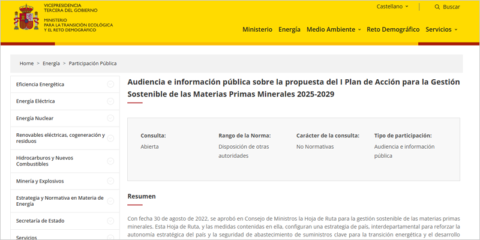 El Plan de Acción de las Materias Primas Minerales 2025-2029 se abre a audiencia e información pública