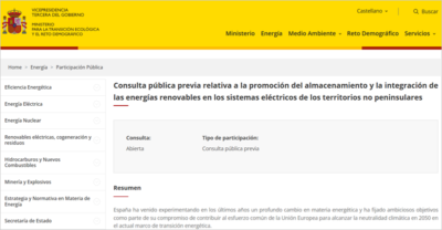 Consulta pública previa relativa a la promoción del almacenamiento y la integración de las energías renovables en los sistemas eléctricos de los territorios no peninsulares
