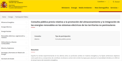 Consulta sobre almacenamiento e integración de renovables en sistemas eléctricos no peninsulares
