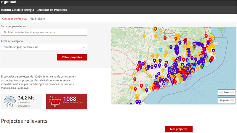 El buscador de proyectos energéticos del Icaen los clasifica y los ubica sobre el mapa.