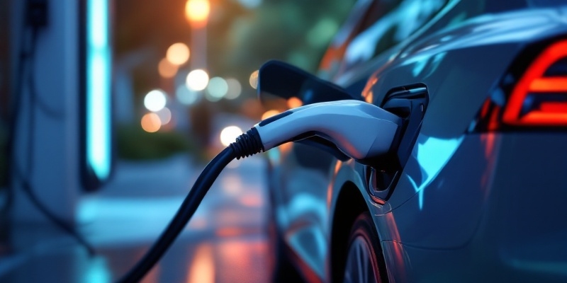 Imagen hiperrealista de un vehículo eléctrico cargándose en una estación de carga.