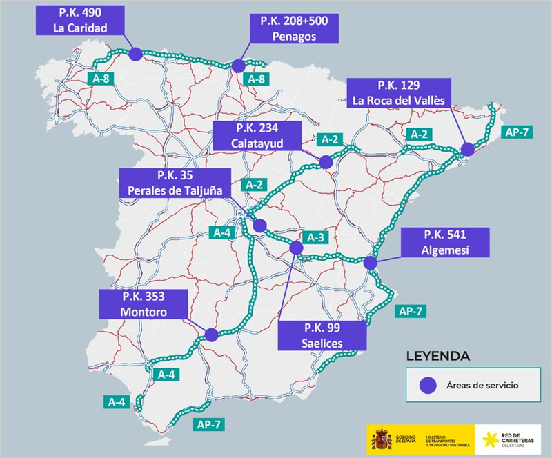 Nuevas áreas de servicio dotadas de estaciones de recarga ultrarrápida para vehículos eléctricos en la Red de Carreteras del Estado.