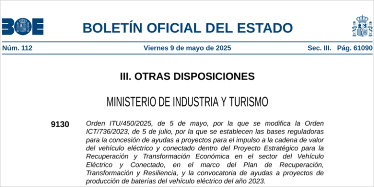 El BOE ha publicado las bases reguladoras de la cuarta convocatoria del Proyecto Estratégico para la Recuperación y Transformación Económica del Vehículo Eléctrico y Conectado (Perte VEC).