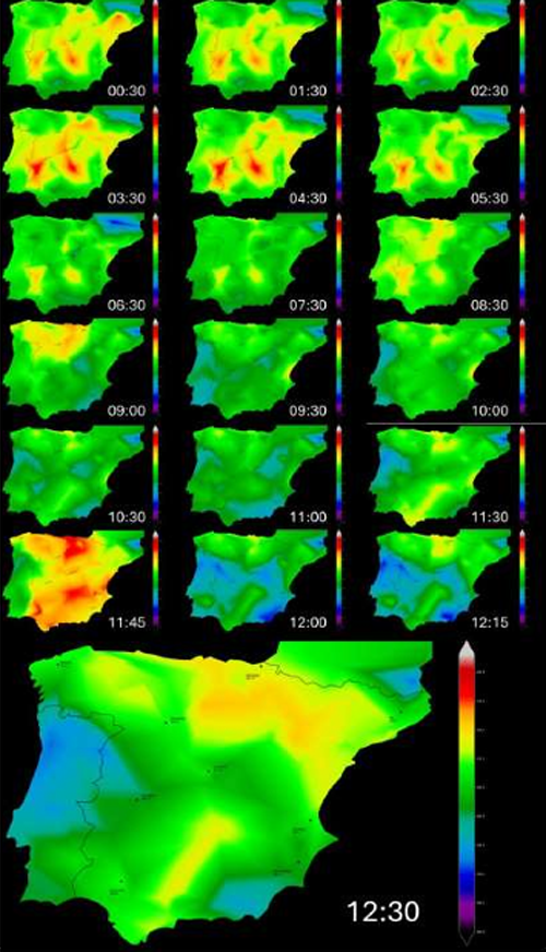 Mapa de calor de las tensiones en la red de 400 kV el día 28 de abril. Fuente: REE