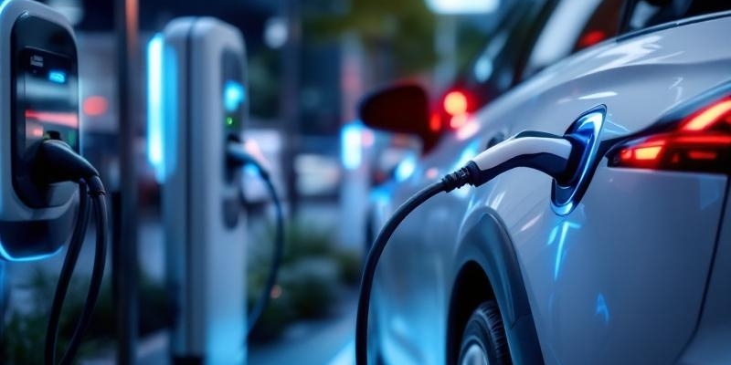 Vehículo eléctrico moderno junto a diversos tipos de estaciones de carga en un entorno urbano.