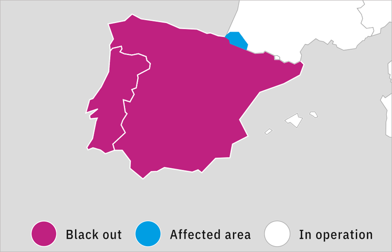 mapa del el apagón eléctrico en España y Portugal