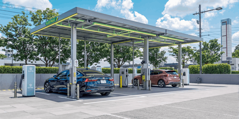 Punto de recarga para vehículos eléctricos con diseño moderno y tecnología avanzada en un entorno urbano.