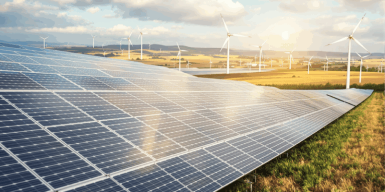 Granja solar con paneles fotovoltaicos y aerogeneradores al atardecer, que simboliza el nuevo marco del PRTR y la ampliación de plazos para proyectos de energías renovables y almacenamiento