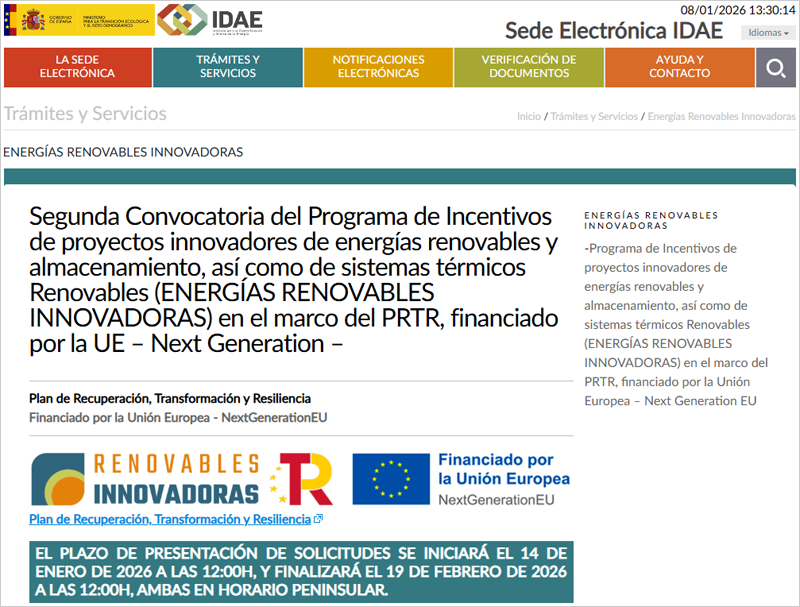 Segunda convocatoria del programa Renoinn para proyectos innovadores de renovables y almacenamiento