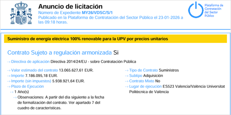 La UPV licita el contrato para el suministro de energía eléctrica 100% renovable en sus campus