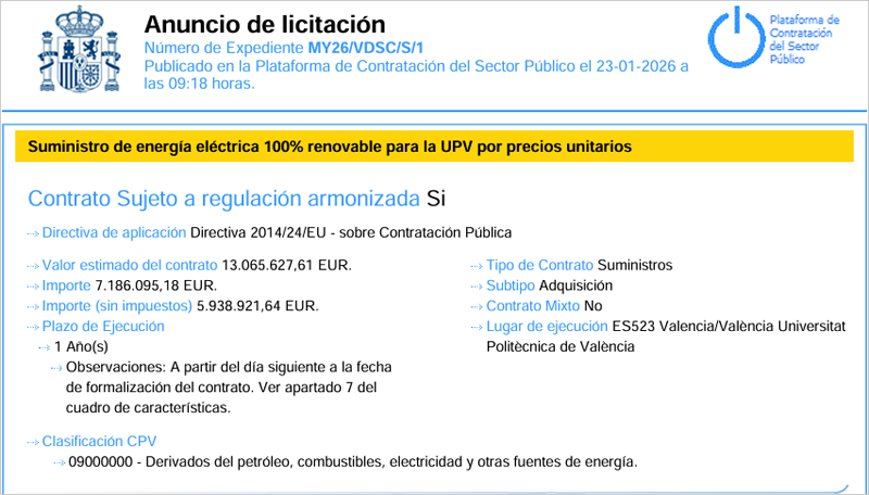 La UPV licita el contrato para el suministro de energía eléctrica 100% renovable en sus campus 
