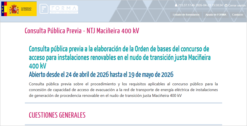 Consulta pública sobre el concurso de acceso a la red para instalaciones renovables en el nudo Maciñeira 400 kV