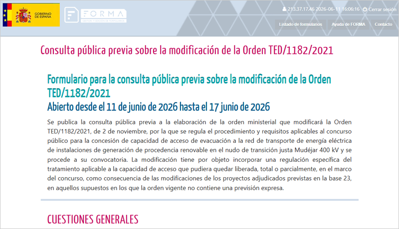 Consulta pública para modificar la Orden TED/1182/2021 sobre el concurso de capacidad de acceso en Mudéjar 400 kV