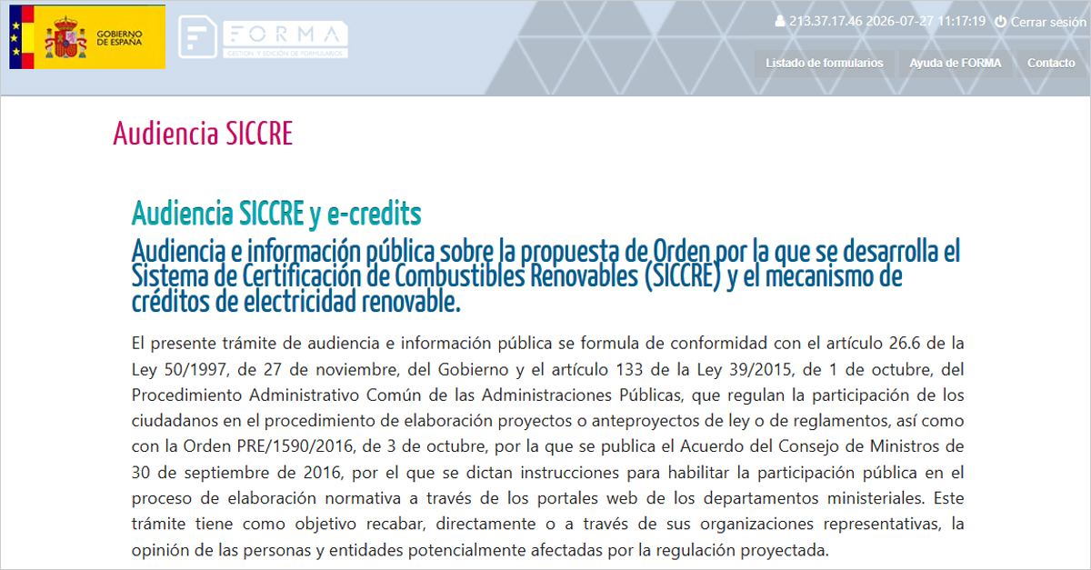 Abierta la audiencia pública de la Orden que regulará el sistema SICCRE y los créditos de electricidad renovable