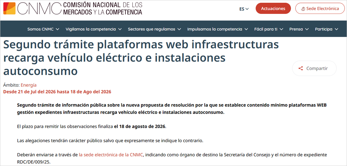 La CNMC abre el segundo trámite de información pública sobre las plataformas web de recarga y autoconsumo
