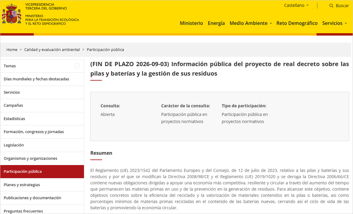 El proyecto de Real Decreto sobre pilas y baterías y la gestión de sus residuos se somete a información pública