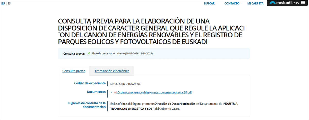 El Gobierno Vasco consulta la metodología para distribuir los ingresos del canon de energías renovables