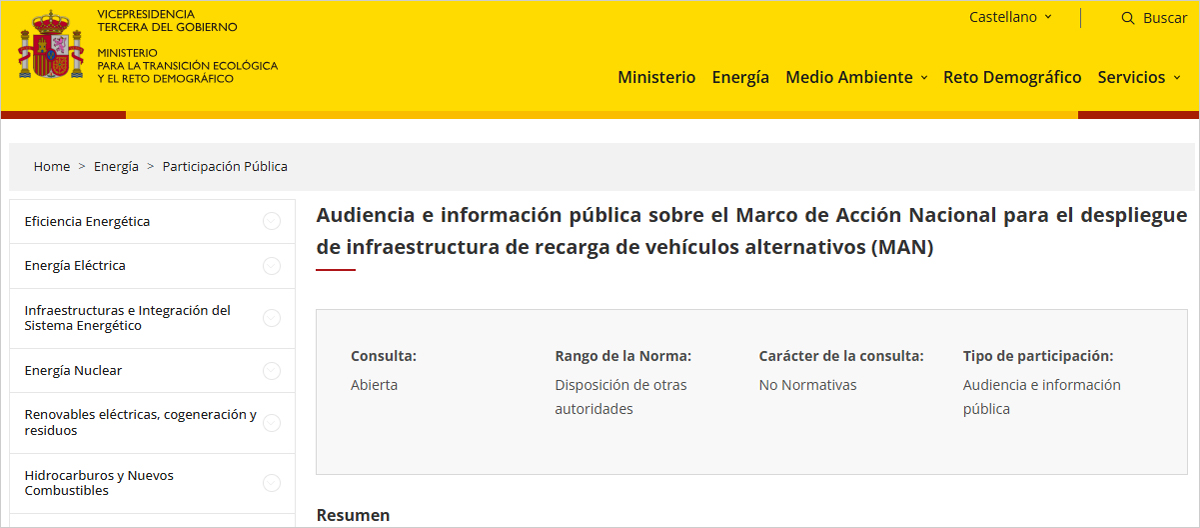 El Marco de Acción Nacional para impulsar las infraestructuras de combustibles alternativos sale a audiencia pública
